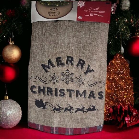 Jaclyn Smith Other - New Christmas Tree Skirt, 48" Plaid Flannel Trim & Buttons Lined Merry Christmas